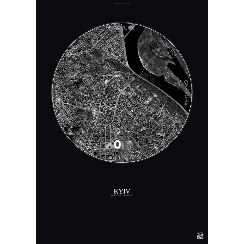 Affiche Kyiv – Poster vue satellite 2.5km N&B | Gravura – Fond foncé