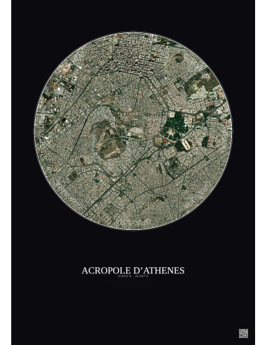 Affiche Acropole Dathenes – Poster vue satellite 2.5km Couleur | Gravura – Fond foncé