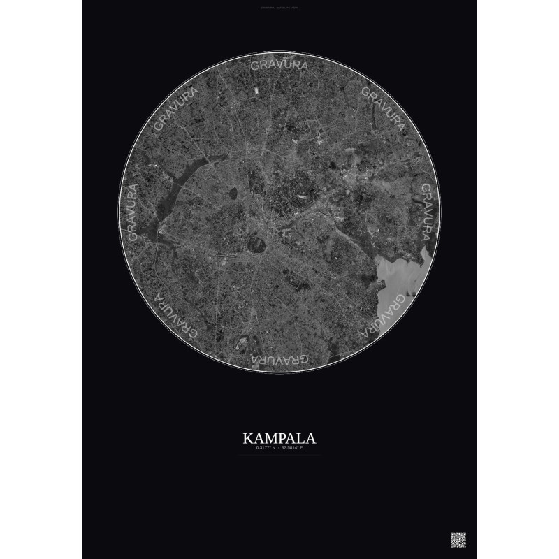 Affiche Kampala – Poster vue satellite 10km N&B | Gravura – Fond foncé