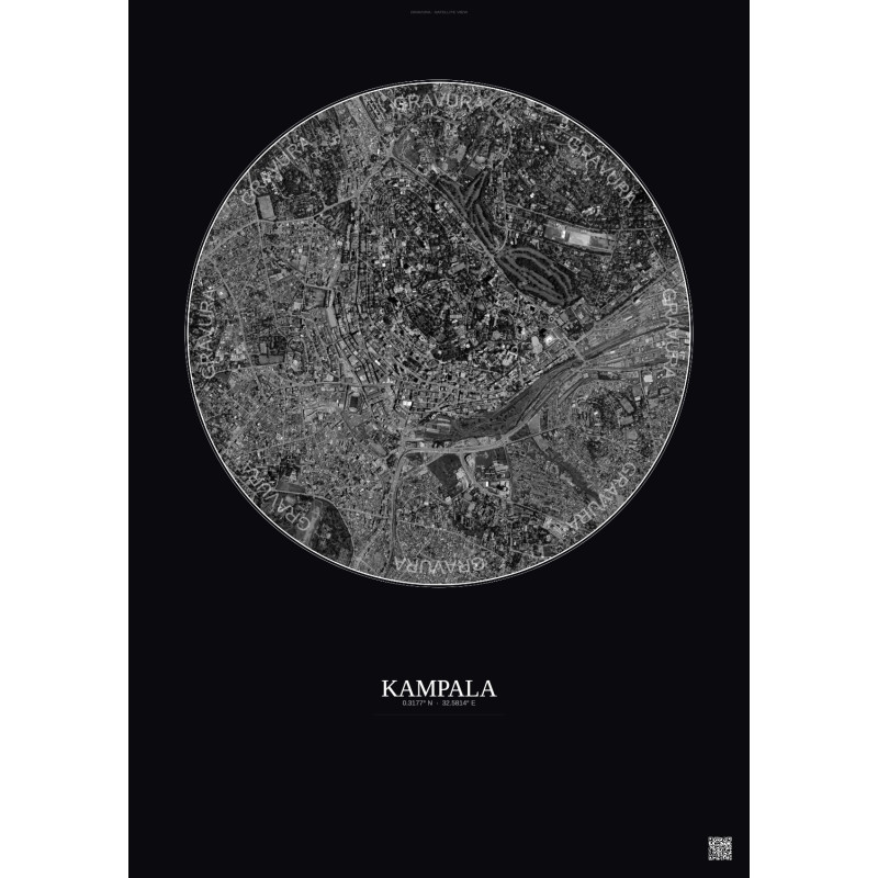 Affiche Kampala – Poster vue satellite 2.5km N&B | Gravura – Fond foncé