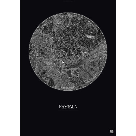 Affiche Kampala – Poster vue satellite 2.5km N&B | Gravura – Fond foncé