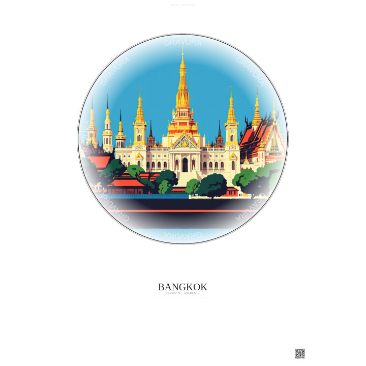 Affiche Bangkok – Poster illustration vintage – Grand Palace | Gravura – Fond clair