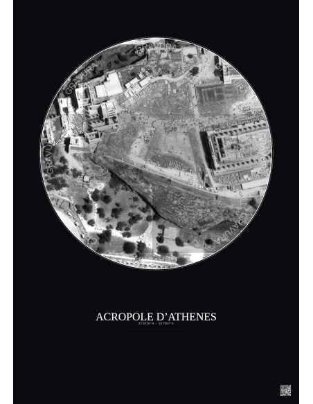 Acropole Dathenes Satellite View Poster 0.1km B&W | Gravura – Dark background