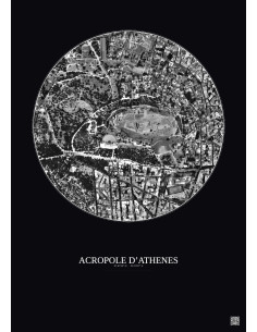 Affiche Acropole Dathenes – Poster vue satellite 0.5km N&B | Gravura – Fond foncé