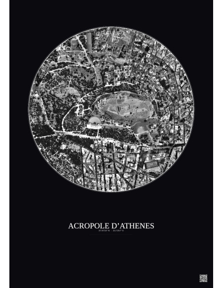 Affiche Acropole Dathenes – Poster vue satellite 0.5km N&B | Gravura – Fond foncé