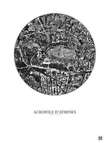 Affiche Acropole Dathenes – Poster vue satellite 0.5km N&B | Gravura – Fond clair