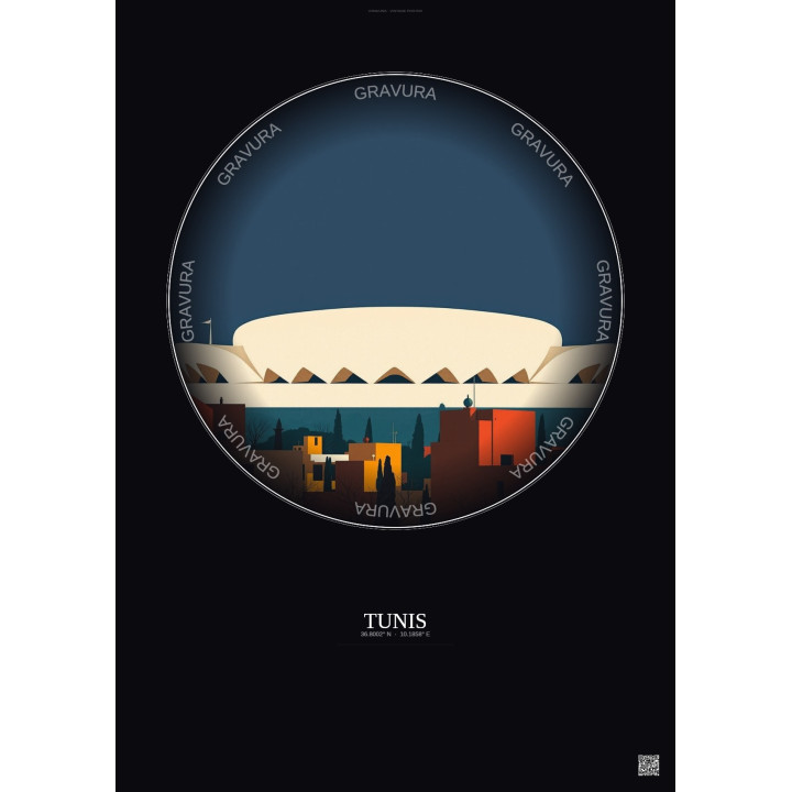 Affiche Tunis – Poster illustration vintage – Stade El Menzah | Gravura – Fond foncé