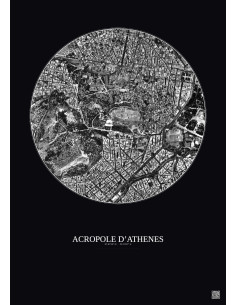 Affiche Acropole Dathenes – Poster vue satellite 1km N&B | Gravura – Fond foncé