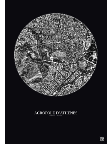 Affiche Acropole Dathenes – Poster vue satellite 1km N&B | Gravura – Fond foncé
