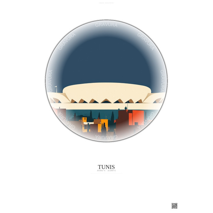 Affiche Tunis – Poster illustration vintage – Stade El Menzah | Gravura – Fond clair