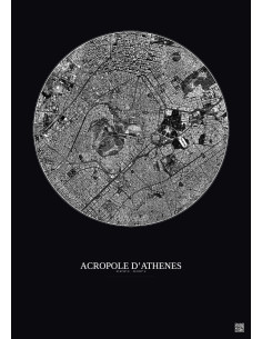Affiche Acropole Dathenes – Poster vue satellite 2.5km N&B | Gravura – Fond foncé