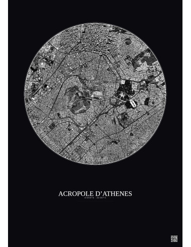 Affiche Acropole Dathenes – Poster vue satellite 2.5km N&B | Gravura – Fond foncé