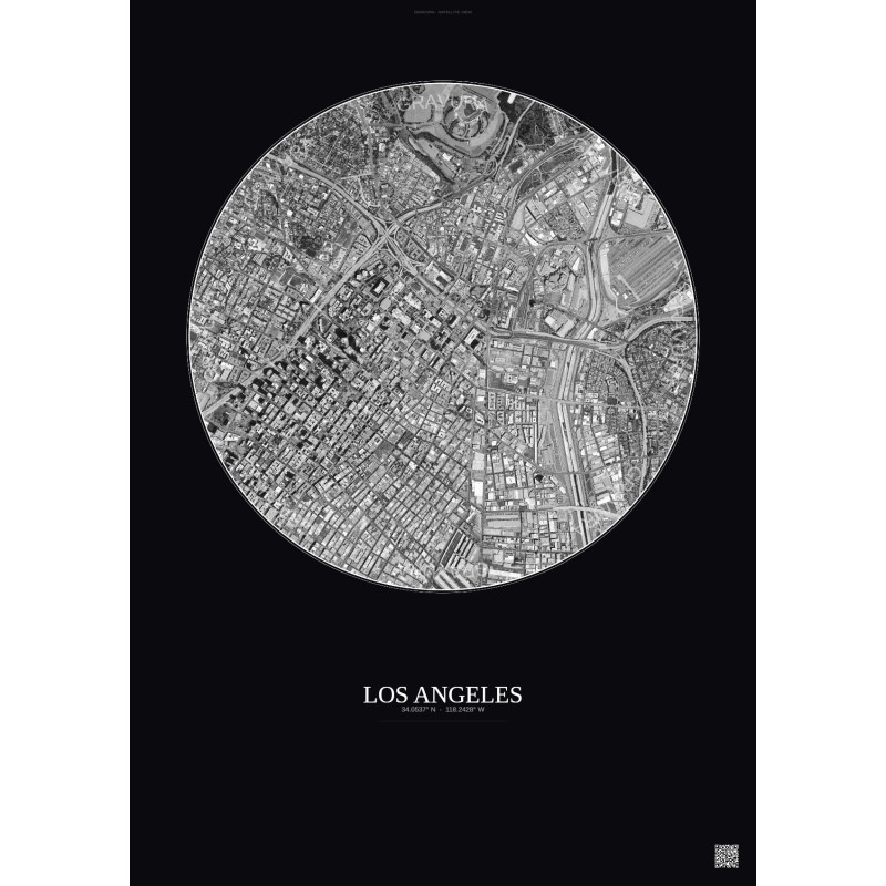 Affiche Los Angeles – Poster vue satellite 2.5km N&B | Gravura – Fond foncé