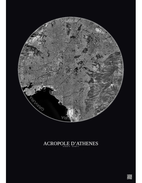 Acropole Dathenes Satellite View Poster 10km B&W | Gravura – Dark background
