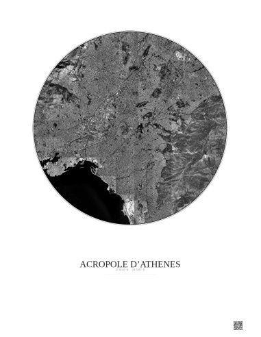 Acropole Dathenes Satellite View Poster 10km B&W | Gravura – Light background
