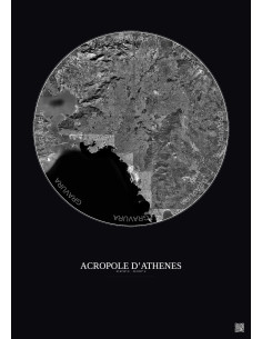 Affiche Acropole Dathenes – Poster vue satellite 20km N&B | Gravura – Fond foncé
