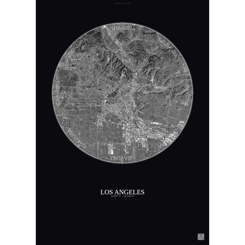 Affiche Los Angeles – Poster vue satellite 10km N&B | Gravura – Fond foncé