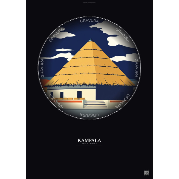 Affiche Kampala – Poster illustration vintage – Kasubi Tombs | Gravura – Fond foncé