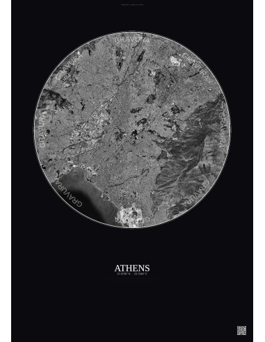 Affiche Athens – Poster vue satellite 10km N&B | Gravura – Fond foncé