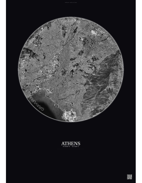 Affiche Athens – Poster vue satellite 10km N&B | Gravura – Fond foncé