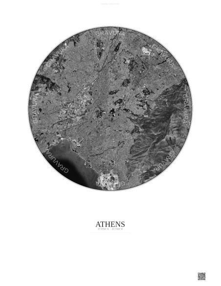 Affiche Athens – Poster vue satellite 10km N&B | Gravura – Fond clair