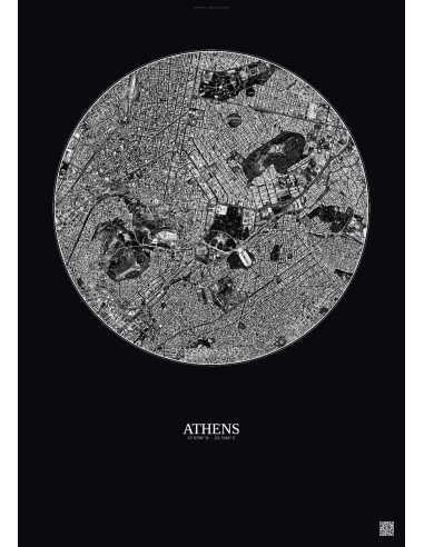 Affiche Athens – Poster vue satellite 2.5km N&B | Gravura – Fond foncé