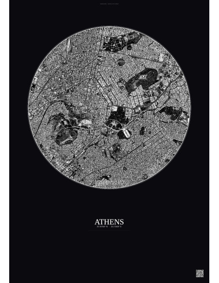 Affiche Athens – Poster vue satellite 2.5km N&B | Gravura – Fond foncé