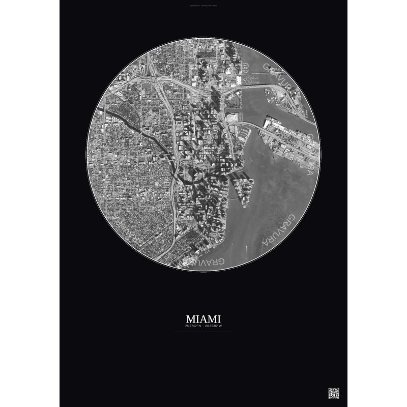 Affiche Miami – Poster vue satellite 2.5km N&B | Gravura – Fond foncé