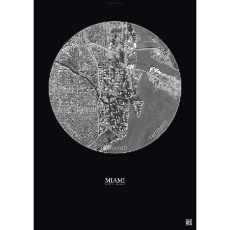 Affiche Miami – Poster vue satellite 2.5km N&B | Gravura – Fond foncé