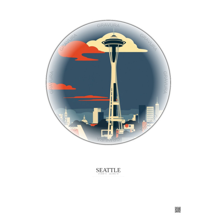Affiche Seattle – Poster illustration vintage – Space Needle | Gravura – Fond clair