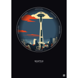 Affiche Seattle – Poster illustration vintage – Space Needle | Gravura – Fond foncé