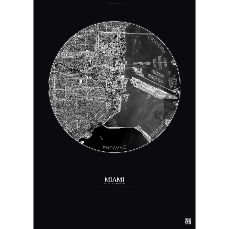 Affiche Miami – Poster vue satellite 5km N&B | Gravura – Fond foncé