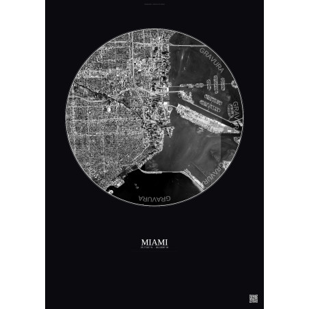 Affiche Miami – Poster vue satellite 5km N&B | Gravura – Fond foncé