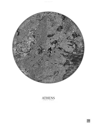 Affiche Athens – Poster vue satellite 6km N&B | Gravura – Fond clair