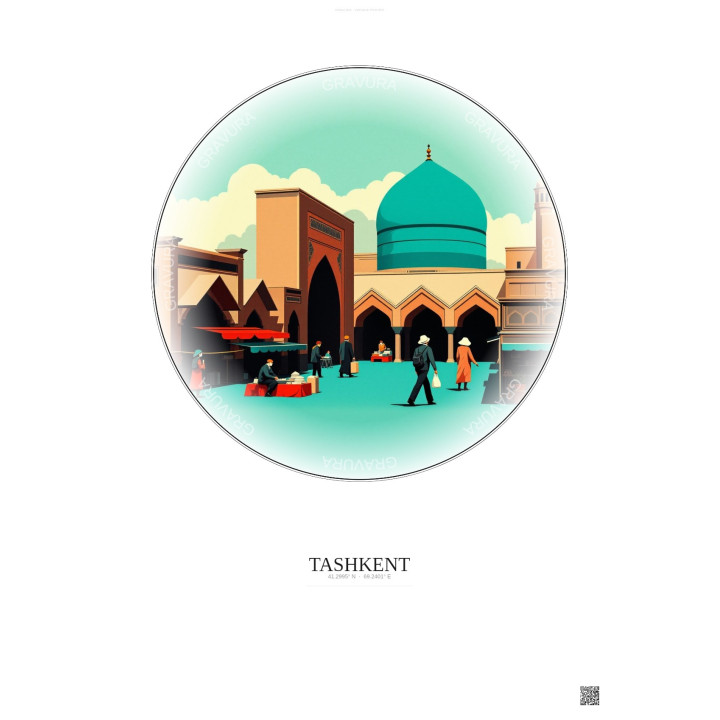 Affiche Tashkent – Poster illustration vintage – Chorsu Bazaar | Gravura – Fond clair