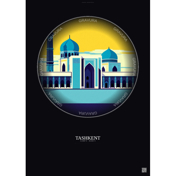Affiche Tashkent – Poster illustration vintage – Registan Square | Gravura – Fond foncé