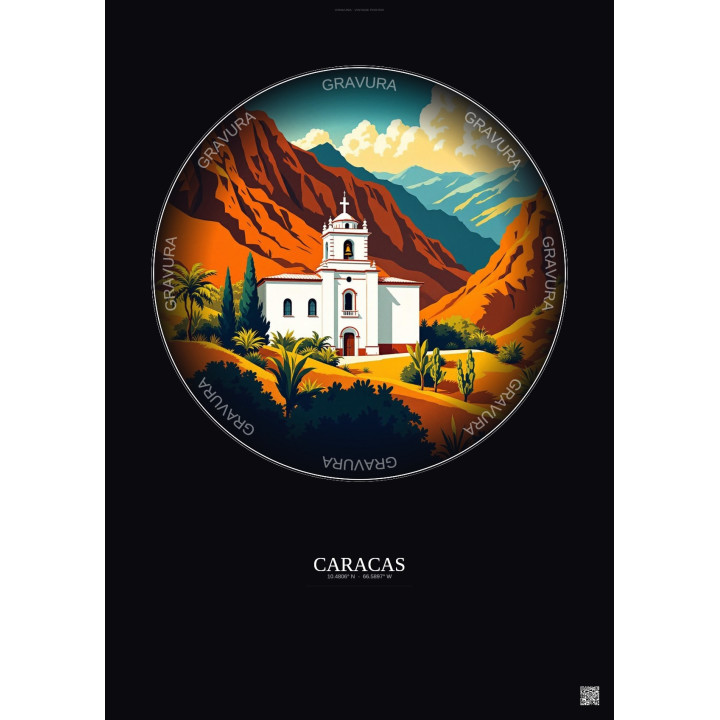 Affiche Caracas – Poster illustration vintage – Mariperez Church | Gravura – Fond foncé