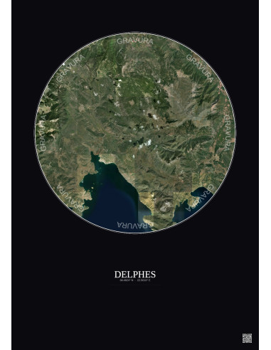 Affiche Delphes – Poster vue satellite 20km Couleur | Gravura – Fond foncé