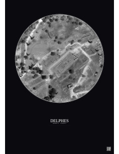 Affiche Delphes – Poster vue satellite 0.1km N&B | Gravura – Fond foncé