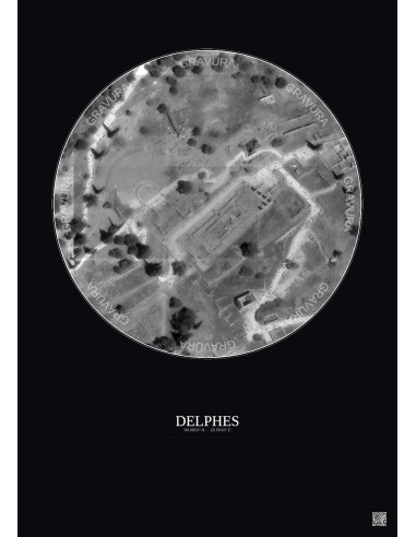 Affiche Delphes – Poster vue satellite 0.1km N&B | Gravura – Fond foncé