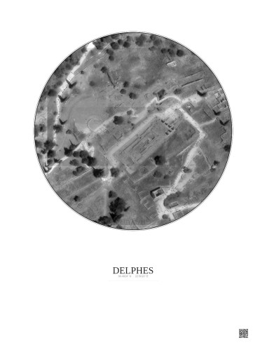 Affiche Delphes – Poster vue satellite 0.1km N&B | Gravura – Fond clair