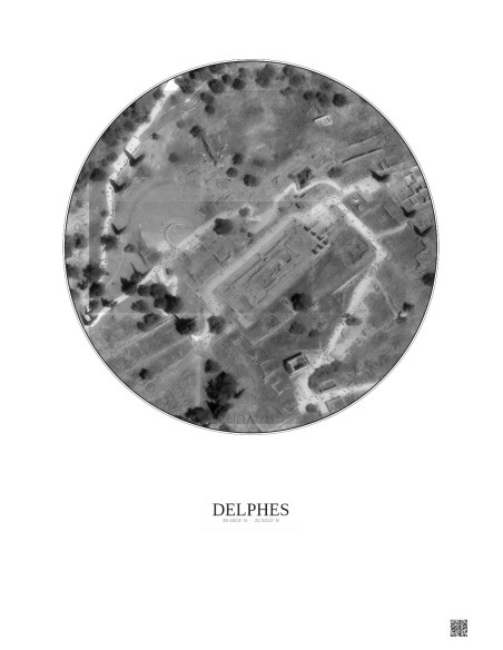 Affiche Delphes – Poster vue satellite 0.1km N&B | Gravura – Fond clair