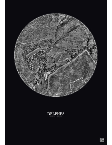 Delphes Satellite View Poster 0.5km B&W | Gravura – Dark background
