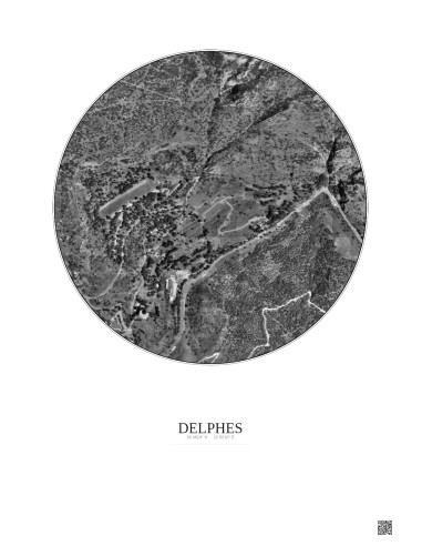 Affiche Delphes – Poster vue satellite 0.5km N&B | Gravura – Fond clair