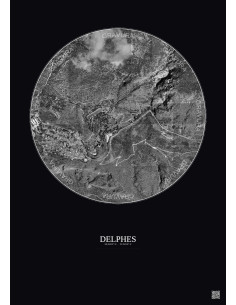 Affiche Delphes – Poster vue satellite 1km N&B | Gravura – Fond foncé