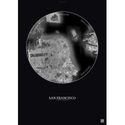 Affiche San Francisco – Poster vue satellite 10km N&B | Gravura – Fond foncé