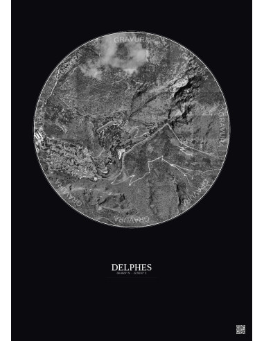 Affiche Delphes – Poster vue satellite 1km N&B | Gravura – Fond foncé