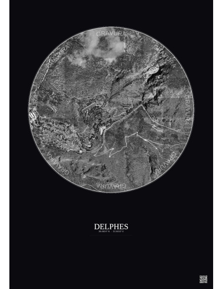 Affiche Delphes – Poster vue satellite 1km N&B | Gravura – Fond foncé
