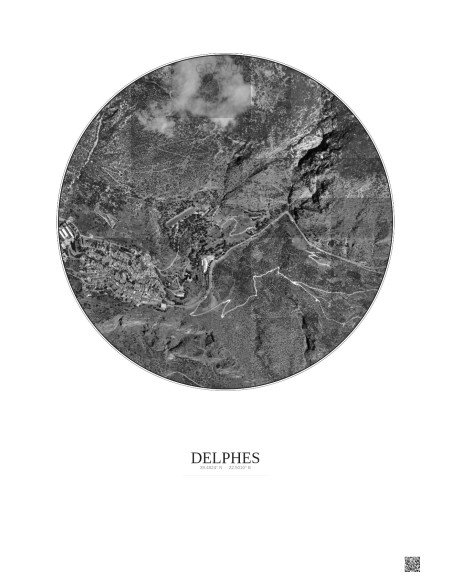 Affiche Delphes – Poster vue satellite 1km N&B | Gravura – Fond clair