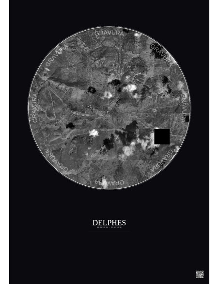 Affiche Delphes – Poster vue satellite 5km N&B | Gravura – Fond foncé